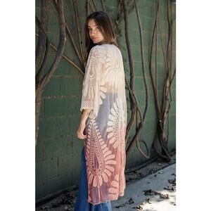 Womens Embroidered Ombre Lace Kimono Boho Sheer 3/4 Sleeve Rose OSFM 48x20